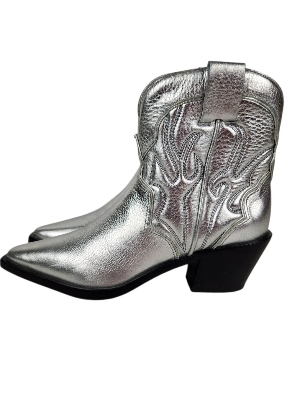 Reformation Otto Mini Silver Metallic Leather Western Boots Womens Size 7.5